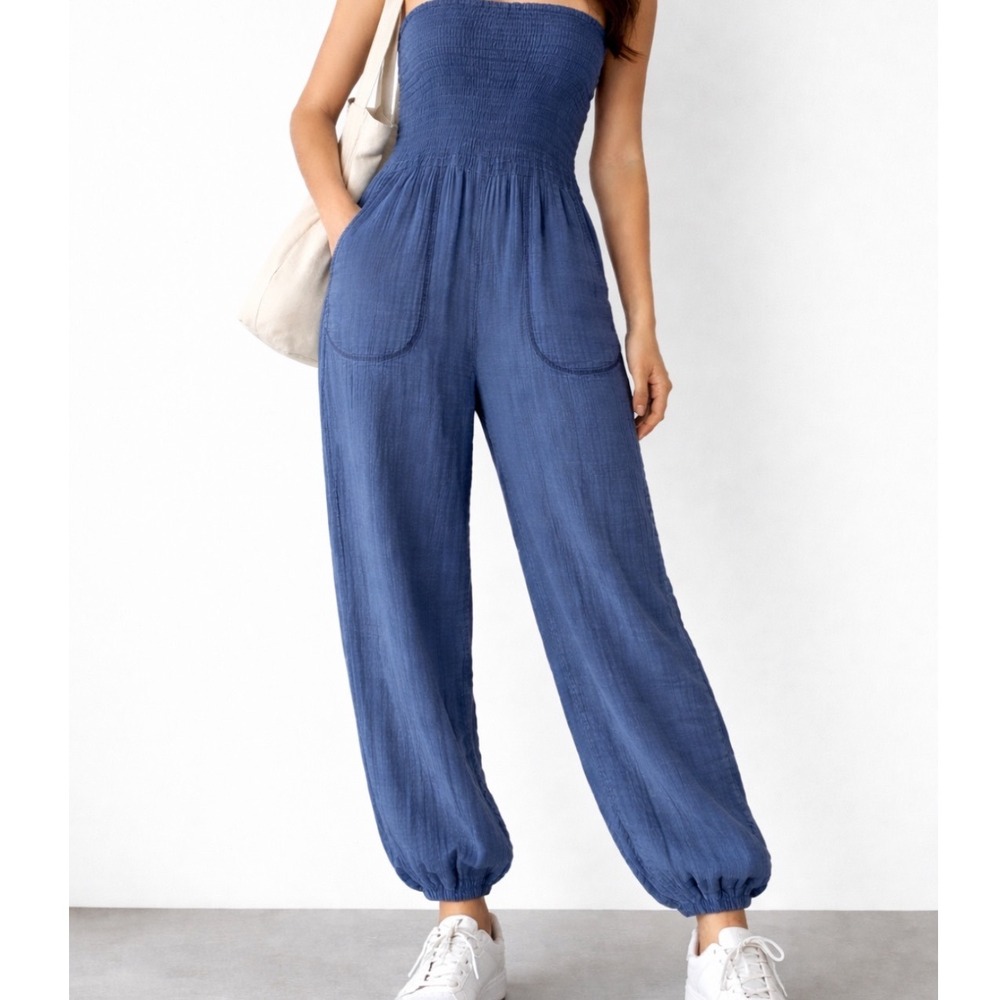 Z Supply Gauze Smocked Jumpsuit Blue Strappy Boho Tapered Leg Pocket S/M no size